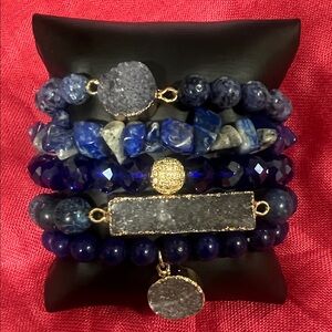 Blue Druzy and Bead Stackable Bracelet Set - Women Jewelry